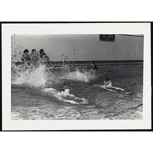 Two teenage boys swim with paddle boards in a natorium pool