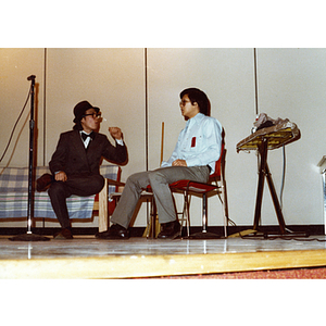 Performers in a theatrical sketch in the Josiah Quincy School auditorium about the normalization of U.S. and China relations