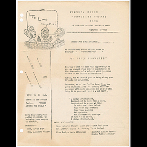 Flier advertising Freedom House Coffee Hour featuring film To live together