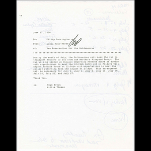 Letter from Linda Mayo-Perez to Philip Harrington regarding van reservation for the Goldenaires with notes on the back