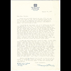 Letter from Margaret Miles to Mrs. Wright about contact information for couple