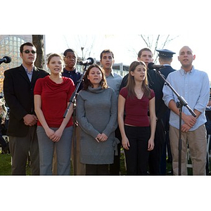 Northeastern's a capella group The Down Beats performs at the Veterans Memorial dedication ceremony