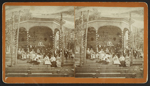 Stereograph of a preacher and a group of singers at a camp meeting, Northampton, Mass., undated