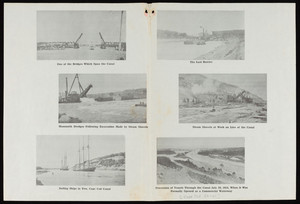 A drawbridge spans the Canal and a large dredge follows excavation by steam shovels and sailboats travel down the Canal and a dredge digs on the last barrier between the bays and steam shovels work on a line of the Canal and vessels process down the Canal on Opening Day