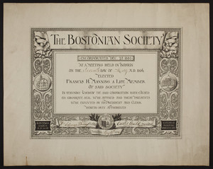 Bostonian Society membership certificate, 1886