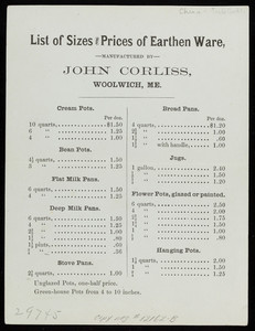 Price list for John Corliss, earthen ware, Woolwich, Maine, undated