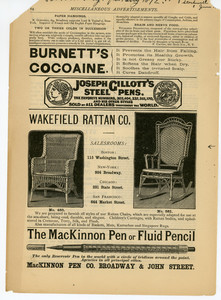 Advertisement for rattan chairs, manufactured by Wakefield Rattan Company, Boston, Mass., 1872