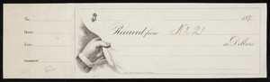 Check sample, male hand lifting the lower left corner of the check, Fred. W. Barry, stationer and bookseller, Washington, corner of Elm Street, Boston, Mass., 1870s