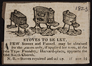Advertisement for the Plate Type Foundry, stoves, Boston, Mass., November 12, 1823