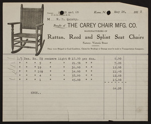 Billhead for The Carey Chair Mfg. Co., rattan, reed, and splint seat chairs, Victoria Street, Keene, New Hampshire, dated May 24, 1922