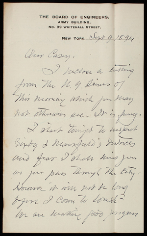Henry L. Abbot to Thomas Lincoln Casey, September 9, 1894