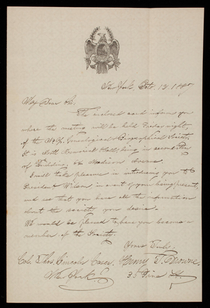 Henry Drowne to Thomas Lincoln Casey, October 12, 1887