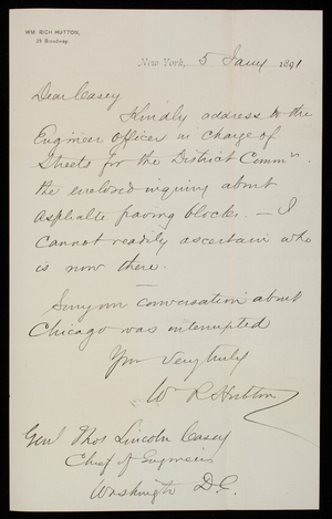 [William] Rich Hutton to Thomas Lincoln Casey, January 5, 1891
