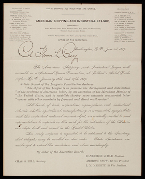 American Shipping and Industrial League to Thomas Lincoln Casey, January 1, 1887