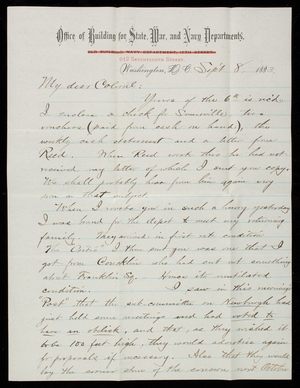 Bernard R. Green to Thomas Lincoln Casey, September 8, 1883