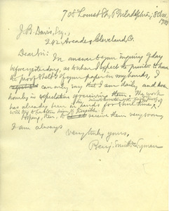 Letter from Benjamin Smith Lyman to Joseph Baker Davis