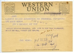 Telegram from Carl Henry to Edith Henry