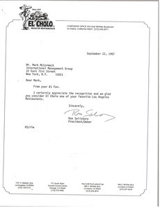 Letter from Ron Salisbury to Mark H. McCormack