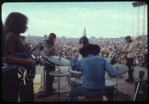 Jefferson Airplane performing at the Woodstock Festival, view from rear stage