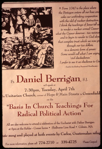Poster for talk by Daniel Berrigan, 'Basis in church teachings for radical political action,' in support of war tax resisters Randy Kehler and Betsy Corner