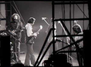 Grateful Dead concert at Springfield Civic Center: band in performance: Jerry Garcia (facing camera) and Bob Weir (l. to r.)