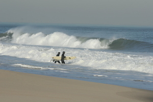 Two surfers in wetsuits heading into the waves at Sandy Hook