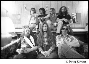 Grateful Dead backstage (rear, left to right): Bob Weir, Mickey Hart, Bill Kreutzman,Jerry Garcia; (front) Keith Godchaux, Donna Godchaux, Phil Lesh