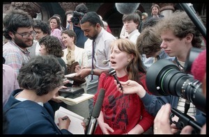 Amy Carter being interviewed by the press on the front steps of the Hampshire County Courthouse after her acquittal in the CIA protest case