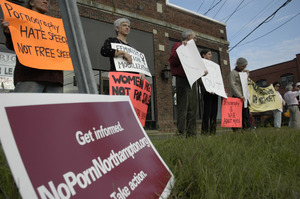 Protest against a pornographic video store in Northampton: protesters in front of proposed store site on King Street