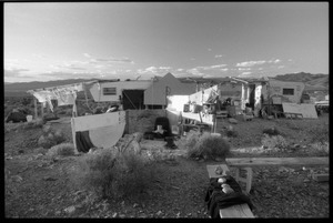 Shelters and seating at the Nevada Test Site peace encampment