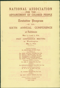 National Association for the Advancement of Colored People tentative program of the sixth annual conference at Baltimore May 3, 4, and 5, 1914.
