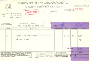 Invoice from Harcourt Brace & Company to W. E. B. Du Bois