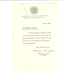 Circular letter from National Institute of Arts and Letters to W. E. B. Du Bois