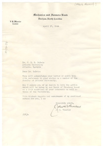 Letter from J. H. Wheeler to W. E. B. Du Bois