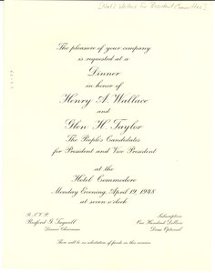 Invitation from National Wallace for President Committee to W. E. B. Du Bois