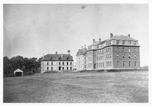 Original buildings at Massachusetts Agricultural College; South College, North College, and College Hall (r. to l.)