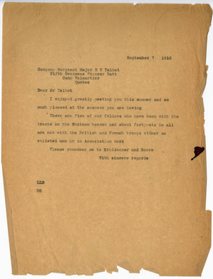 Letter from Laurence L. Doggett to Richard V. Talbot (September 7, 1916)