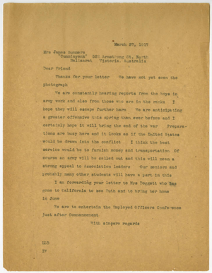 Letter from Laurence L. Doggett to Mrs. James Summers (March 27, 1917)
