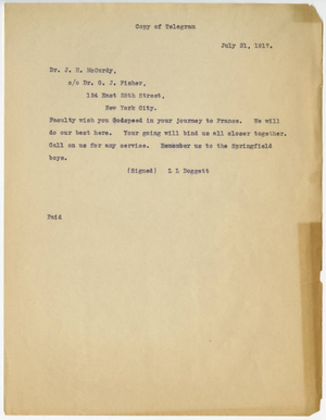 Telegram from Laurence L. Doggett to James H. McCurdy (July 31, 1917)