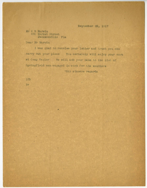 Letter from Laurence L. Doggett to Charles B. Marvin (September 22, 1917)