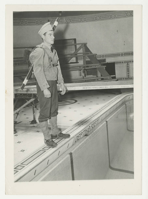 Soldier standing at the edge of McCurdy Natatorium (1942)