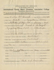 Wilbur McCormack Application to Springfield College (1930)