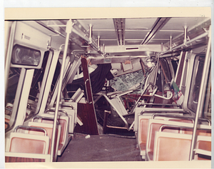 Unidentified Green Line collision, view inside train of damage