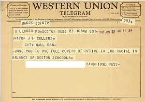 Telegram to Mayor John F. Collins