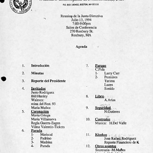 Agenda from Festival Puertorriqueño de Massachusetts, Inc. Board of Directors meeting on July 13, 1994