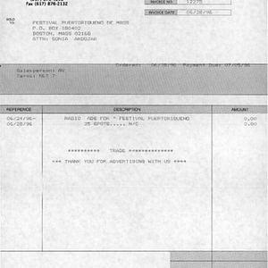 Invoice from Radiolandia, Inc. issued to Puerto Rican Festival of Massachusetts, Inc.