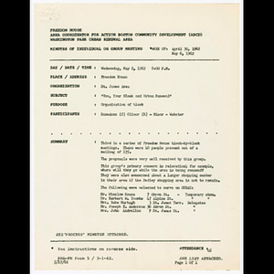 Minutes and attendance list for "You, your block and urban renewal" St. James area meeting on May 2, 1962