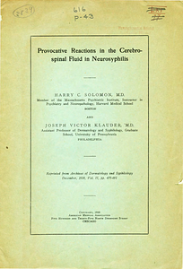 Provocative reactions in the cerebrospinal fluid in neurosyphilis