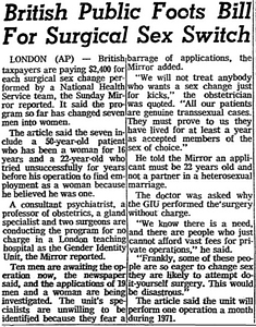 British Public Foots Bill For Surgical Sex Switch