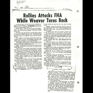 Photocopy of Bay State Banner article, Rollins attacks FHA while Weaver turns back